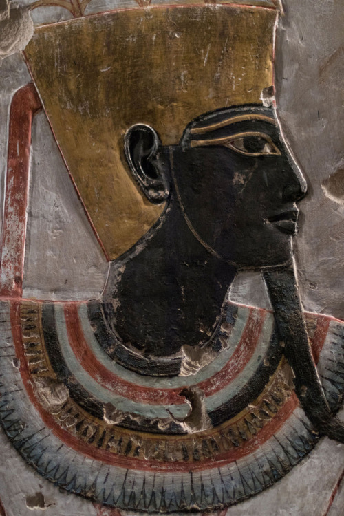 Detail of a polychrome relief depicting god Min of Coptos, from Deir el-Bahari. Now in the Luxor Mus