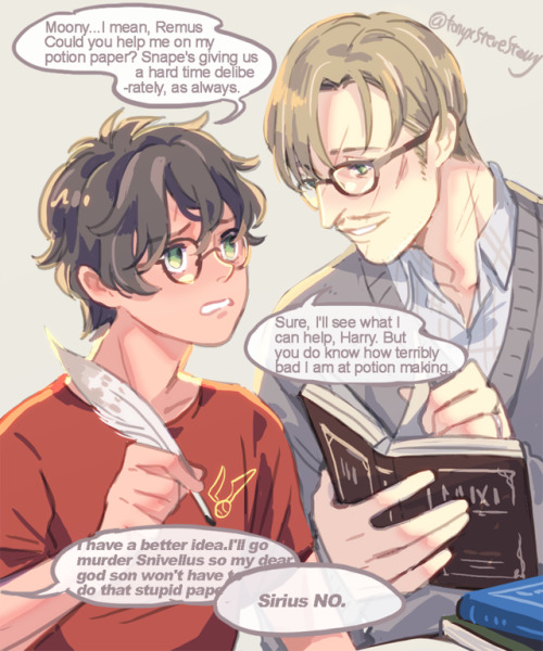 j000000:Wolfstar+ Harry again. Harry and professor Lupin go to Hogwarts and leaves Sirius at home, a