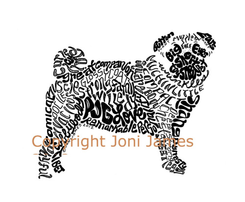 A pug, in words. A calligram is a poem, phrase, or word in which the typeface, calligraphy or handwr