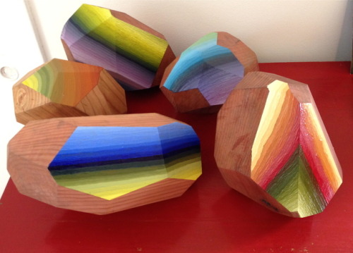 sixpenceee:Artist Victoria Wagner works with large pieces of reclaimed wood sliced into geometric forms and painted to resemble large gemstones.