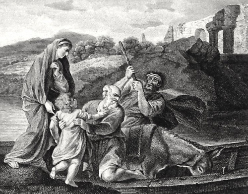 Phillip Medhurst presents Bowyer Bible Gospels print 3452 The Holy Family crosses the Nile Matthew 2:13-14 Artist unknown on Flickr.
A print from the Bowyer Bible, a grangerised copy of Macklin’s Bible in Bolton Museum and Archives, England.