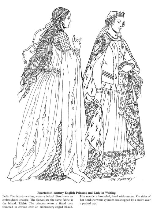 cuirassier:14th century English Princess and Lady-in-Waiting, from “Medieval fashions” by Tom Tierne