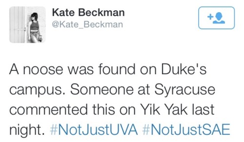 goldr0ger:  chalkzonee:krxs10:  On this weeks episode of What Did Those Racists Do?, A noose was found hanging from a tree near the student union at Duke University. The week before, UGA’s Phi Deltas threw a “What would you would be like without