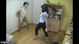 Cute brazilian wife in sexy high heels kicking her man’s balls.