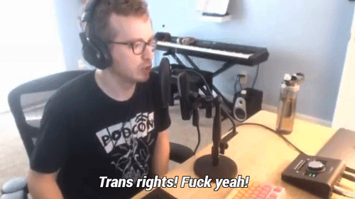 queenofthecommunistcannibals:nerdepic:the mcelroys said Trans Rights![image description: gifs of all