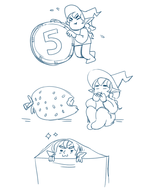 herbgerblin:  [ID: Three doodles of a tiny taako, an elven wizard, doing different tiny tasks. The first is of him rolling a large five cent coin that’s almost as big as himself. The second is of him sitting and eating a bit of a strawberry that is