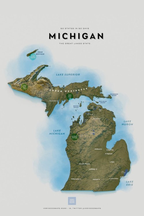 mapsontheweb:   Michigan shaded relief map.by @verygoodmaps