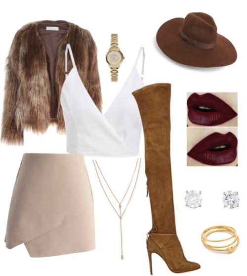 Fashion Fall. by thefashaenistafiles featuring midi ringsWhite crop top / Related brown jacket, $29