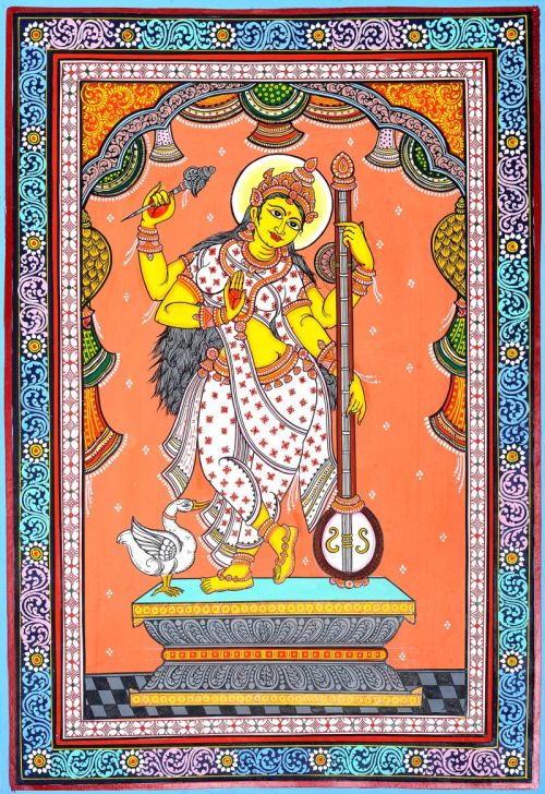 hinducosmos: Vina-Vadini Devi Saraswati Artist: Rabi Behera, Puri Orissa Paata Painting on Patti　(vi