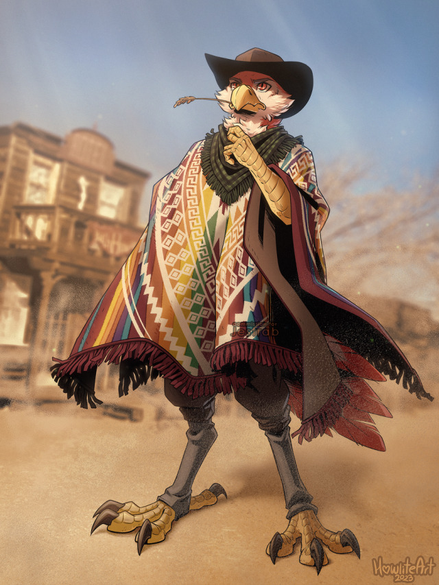 A red-feathered hawk in a cowboy hat and a large, colorfully striped poncho stands in the middle of a desert town. He has a sprig of wheat in his beak and a stern expression. One hand is lifted out from under the poncho, slightly pulling down the fringed bandanna around his neck.