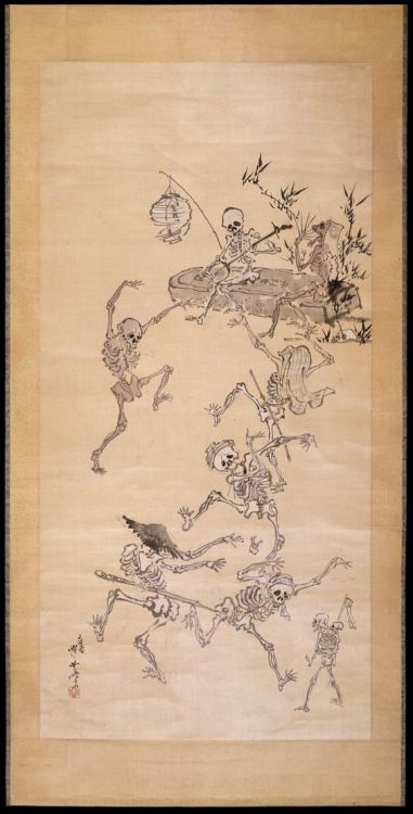 themacabrenbold:Kawanabe Kyosai (1831 - 1889) - Skeletons dancing - Painting on silk, hanging scroll