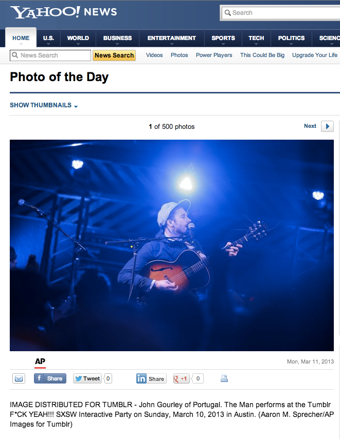 whenislunch:
“ Oh hey, a pic of Portugal. The Man playing at the Tumblr Fuck Yeah! SXSW party is the Yahoo News Photo of the Day.
”
Go team. :)