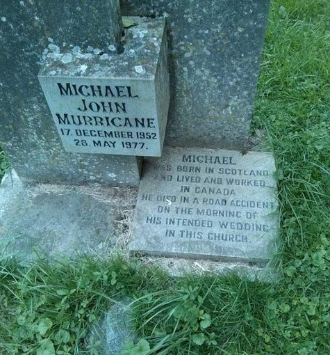 sixpenceee:  Michael J. Murricane died on a road accident on the day of his intended wedding. His fiancée Sally Champion, died in 2011. She never did find anyone else. They were buried together side by side in the same yard of the church they were