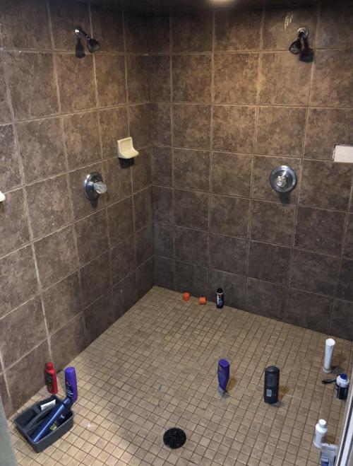 “One of the showers in my fraternity house - three heads. four showers like this. 72 guys.“ (circa 2