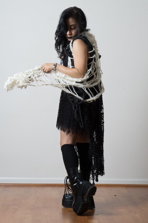 astralizey:  Photos by Jay Hooker Photography  H&M lace dress Demonia Ranger 301 boots Handmade shawl Lace shawl Kirkland socks Handmade necklace from Space Witch Emporium http://etsy.com/shop/spacewitchemporium