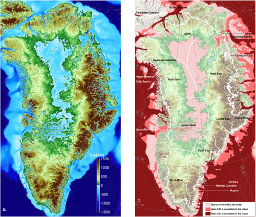mapsontheweb:Left: Greenland topography color-coded from 4,900 feet (1,500 meters) below sea level (