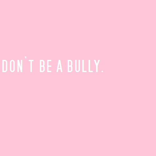 [Image: Three pastel pink color blocks with white text. The text reads “don’t be a bully