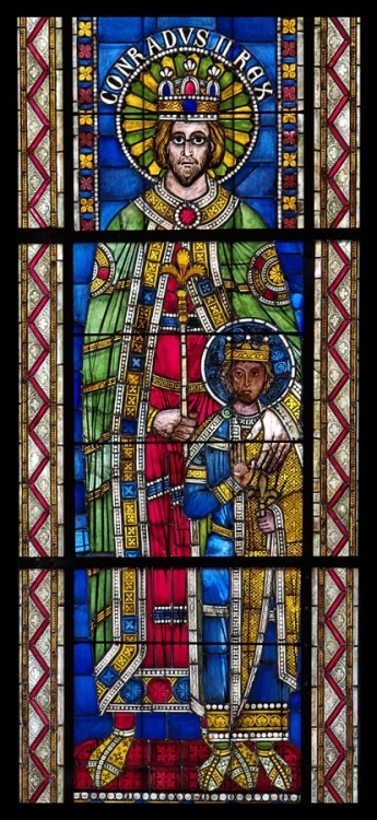 Romanesque stained glass depictions of Holy Roman Emperors in the Cathedral of Our Lady of Strasbour