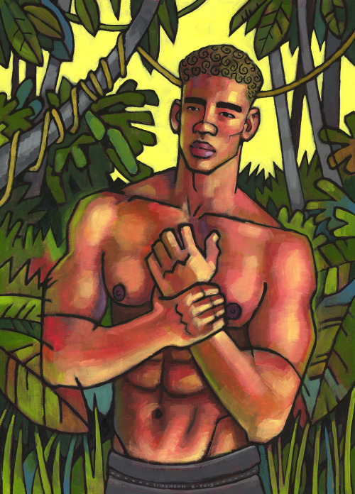 Shirtless in the Jungle, acrylic painting by Douglas Simonson (2015). Douglas Simonson websiteSimons