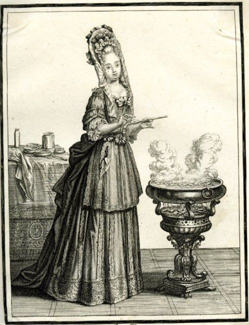 Lady holding a tasting spoon beside an elaborate stove by Henri Bonnart,c. 1690