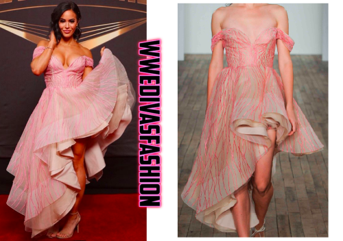 Charly Caruso wore the Hayley Paige Reznor Pompadour Pink Off-The-Shoulder Gown to the 2019 WWE Hall