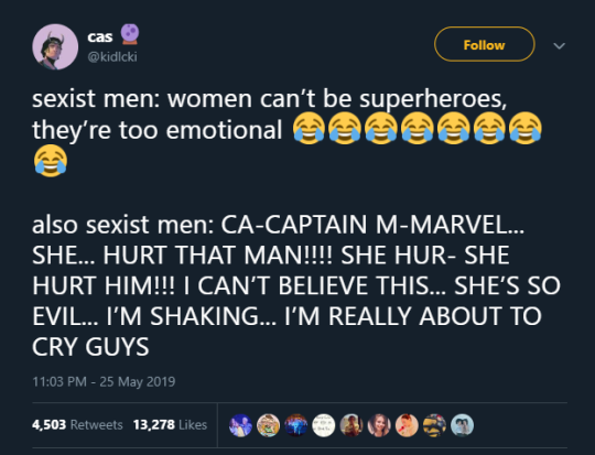 lillioid:  ren-sauce:  captainmarvelstan:  Captain America is a war criminal, Winter soldier is an assassin and Hawkeye murdered people in endgame. Men™️ on Twitter: How can Captain Marvel, a woman, twist a man’s hand who verbally abused her. She