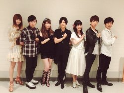 fuku-shuu:  Seiyuu Inoue Marina (Armin) and Ishikawa Yui (Mikasa) both share the group photo taken at the Shingeki! Kyojin Chuugakkou Reading &amp; Live Event “Shingekisai!” From left to right:  Kobayashi Yuu (Sasha), Shimono Hiro (Connie), Inoue