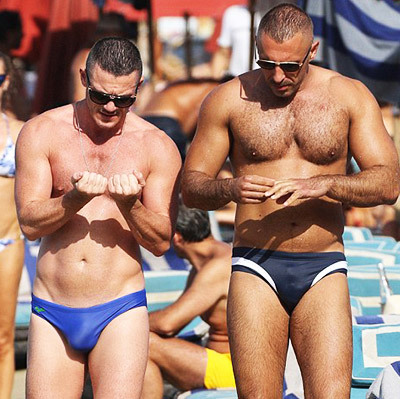 famousmeat:  Luke Evans’ speedo bulge at the beach with male companion in Mykonos