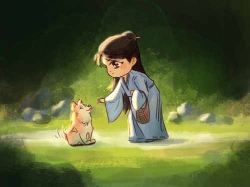A chibi-style digital painting of Li Lianhua giving Huli Jing a treat. Huli Jing is sitting up straight and wagging her tail.