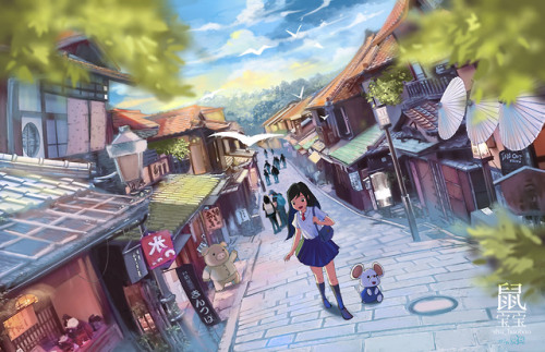 My original characters! Mei strolling with her buddy Shubaobao the mouse in Kyoto! ^^ The photo refe