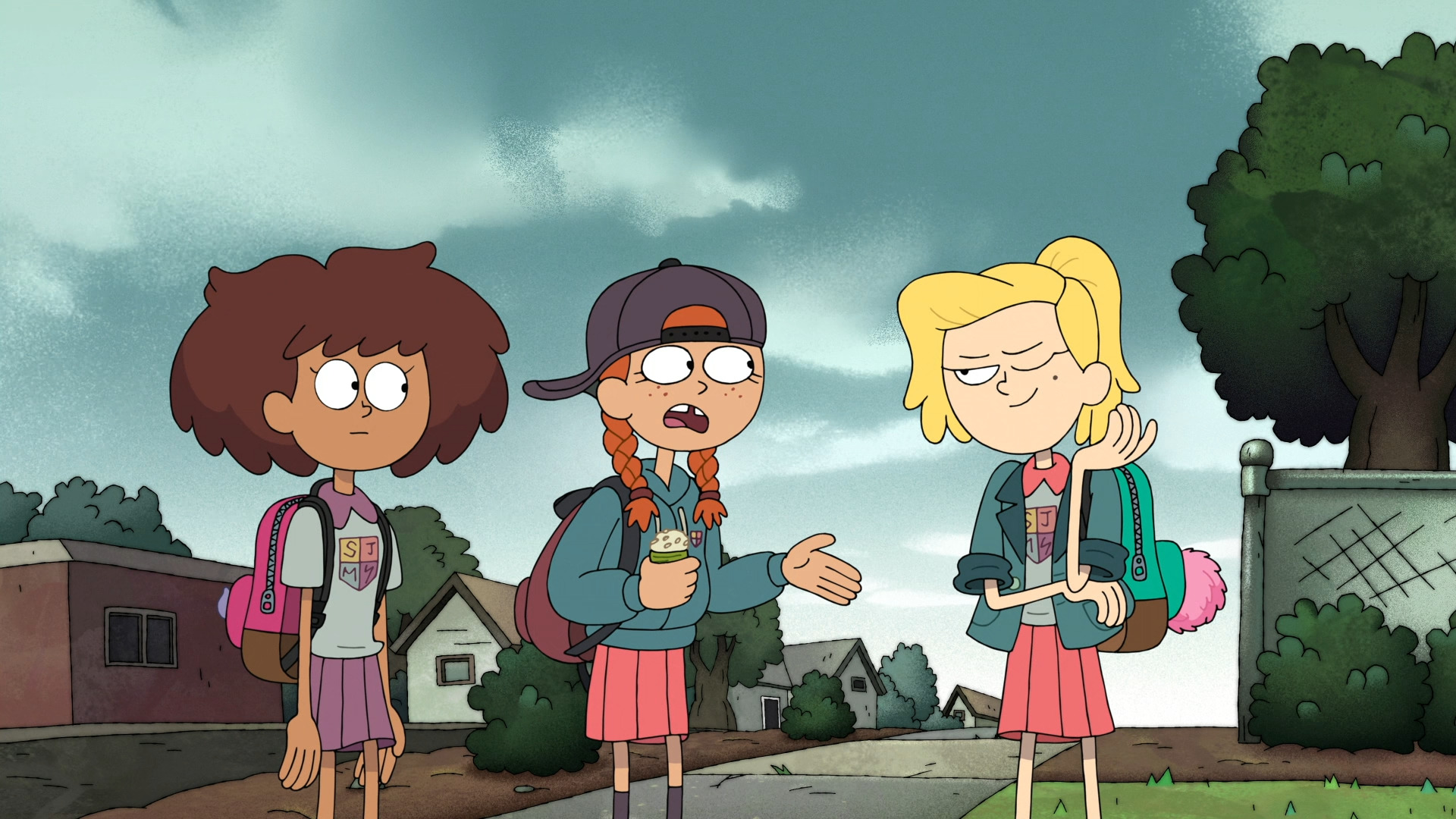 Outside their school, Sasha opens one eye knowingly at Maggie, who looks defensive. Anne looks at both of them with a blank expression.