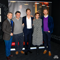 cumberbuddy:  bbcone:  Benedict Cumberbatch, Martin Freeman, Steven Moffat, Amanda Abbington and Mark Gatiss at our #Sherlock screening today:  The coolest bunch of holmies.  