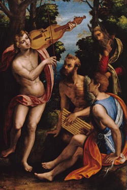 music-in-art:Lorenzo Leonbruno (1477-1537) - Le Jugement de Midas, huile sur panneau, 194 x 129 cm