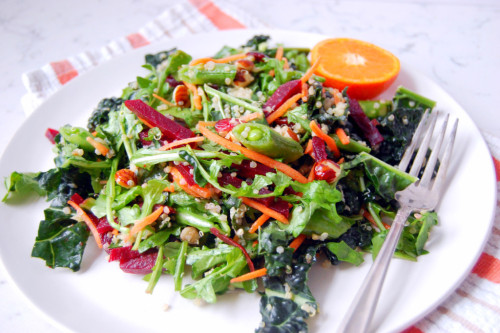 Supergreen Power SaladServes 4-6INGREDIENTS6 cups lacinto kale, chopped4 cups arugula2 cups shredded