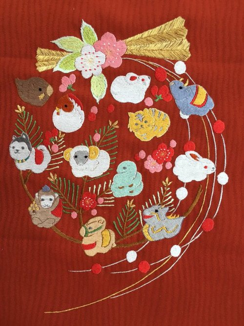 Cute zodiac animals embroidered haneri collar, seen on