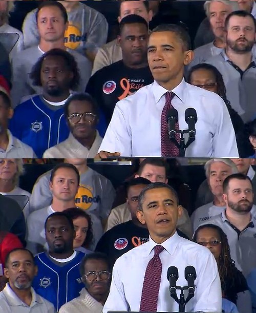 octoball:  gorge-sears:  in the first picture, to the left of Obama it looks like that black guy has a shaggy, balding fro but then in the next picture the white girl behind peeks out from behind him and gives you a knowing look she knows she knows what
