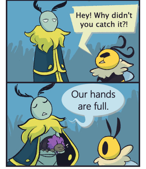 go-team-snakemouth: [image description: a four paneled colored comic featuring Vi, the bee and Leif,