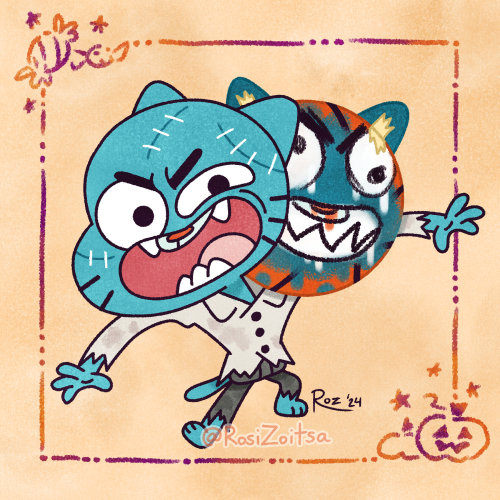 Illustration of Gumball Watterson as a two-headed ghoul. His extra "head" is actually a basketball hastily painted to resemble his actual head. He sports several fake sutures on his face, as well as a slightly soiled and tattered button-up shirt and a pair of trousers. He strikes a menacing pose.