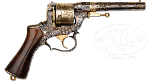 Rare engraved, silver plated and gold washed Perrin revolver.  Originates from France, mid 19th cent