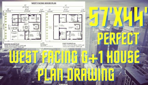 57’X44′ perfect west-facing G+1 house plan drawing. Download this house plan Autocad and