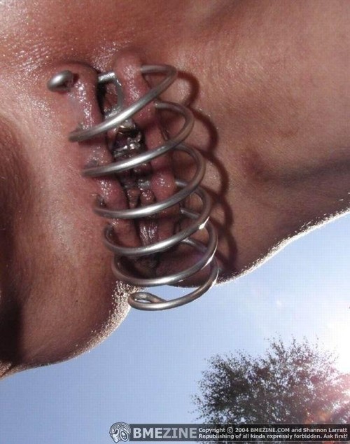 pussymodsgalore  Wire spiral wound through multiple piercings in her outer labia. Alfresco chastity. 