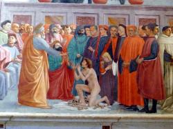 greeneyedgraphics:  Brancacci Chapel.  Artist:  Masaccio. Masaccio is known as the first artist of the Renaissance.  He revived the science of perspective to create the illusion of 3-D space and pioneered the technique of vanishing point. 