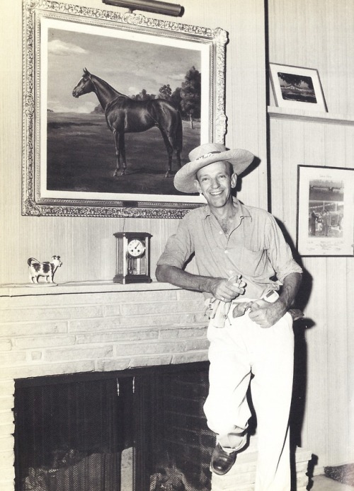 freddie-my-love:Fred Astaire standing under a painting of his favorite horse Triplicate on his ranch