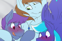 three gei lil ponies snuggin’ on the bed s