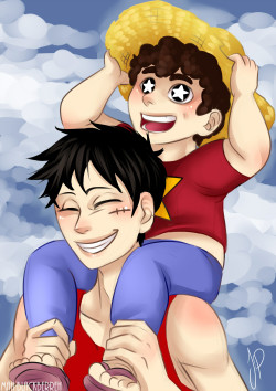 mah-blackberreh:  I did this cruddy OP/SU crossover pic real quick for this fanart competition that I probably wont win, but dang it I had to try! btw I totally think Luffy and Steven would be awesome friends.