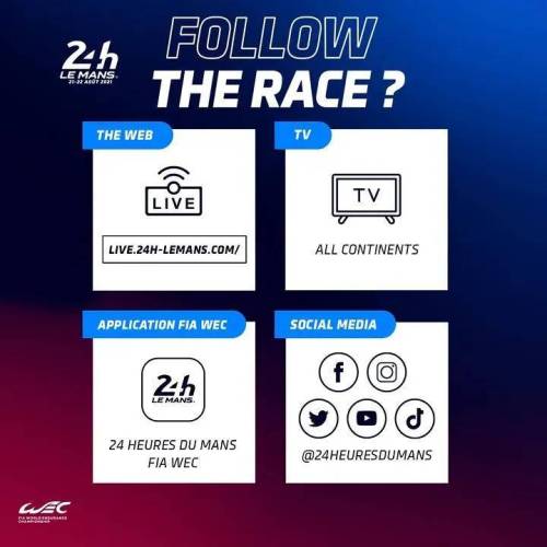 COMMENT SUIVRE LA COURSE ?
💻 www.24h-lemans.com
🖥 TV (la chaine L’ÉQUIPE / Eurosport)
📱24 Hours app https://bit.ly/3D7ODhm
📲 Social media
#LeMans24
https://www.instagram.com/p/CS1Po9uB41X7HRduUBbweeHN10IfkH0uO68uec0/?utm_medium=tumblr