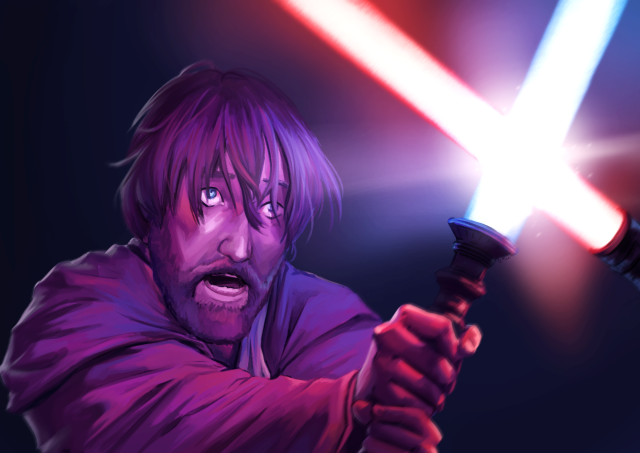 Screencap redraw: Obi-Wan Kenobi from the new show, looking terrified, holding up a blue lightsaber to block a red one. He is bathed in purple light, with some parts like his hands more pink and some like his right shoulder more blue, depending on which lightsaber they are closer to. 