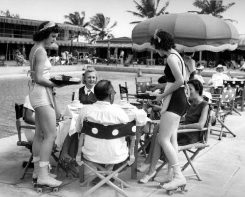 Roller skating waitresses at Roney Plaza in Miami Beach, Florida. | 1939