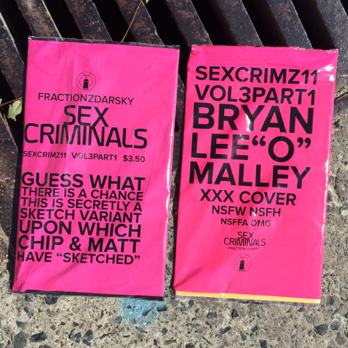 zdarsky:
“SEX CRIMINALS 11 COMES OUT TOMORROW HOLY SHIT
This one took a long time due to many problems both legal and print-wise, but it’ll be out tomorrow and I’m so happy.
Look for the bags above on the stands! EVERY ISSUE is polybagged! Why?...