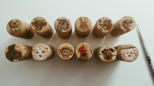 Miniature paintings of the 12 Chinese Zodiac. Oil on wine corks.